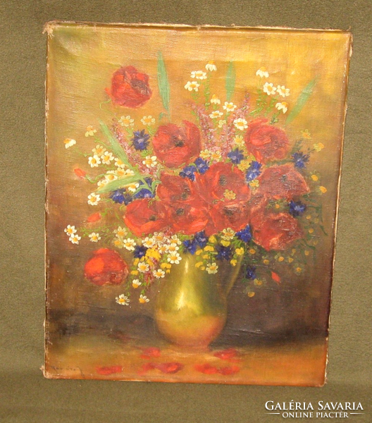Kovács j. Antique floral still life with sign: field flowers in a vase