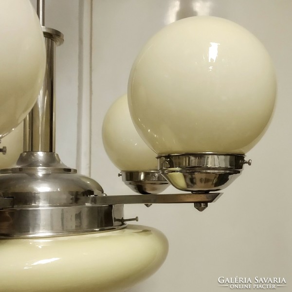 Art deco 5-arm, 6-burner chandelier renovated - cream shades