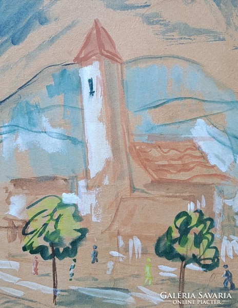Detail of a street with a church (in a signed watercolor frame) br monogram sign?
