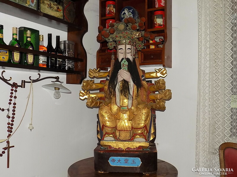 Jade Emperor on the Dragon Throne, with original imperial crown, huge carved Taoist wooden statue