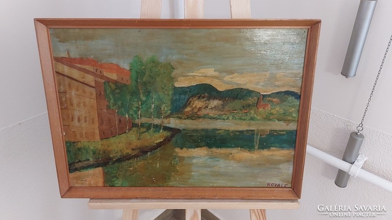 (K) waterfront, city painting with blacksmith's mark, 57x41 cm frame