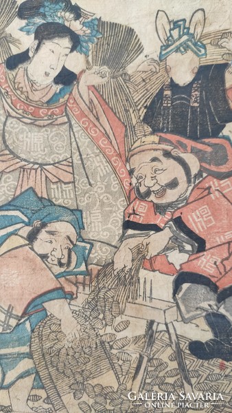 Japanese woodcut: lucky gods harvesting rice