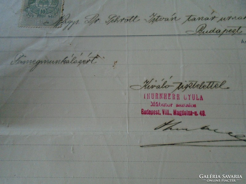 ZA468.15 Régi számla- 1919 Budapest- Thurnherr Gyula műbútor és azstalosáru gyára
