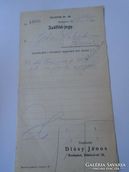 ZA470.17  Szállítójegy 1910 Budapest - Diósy János