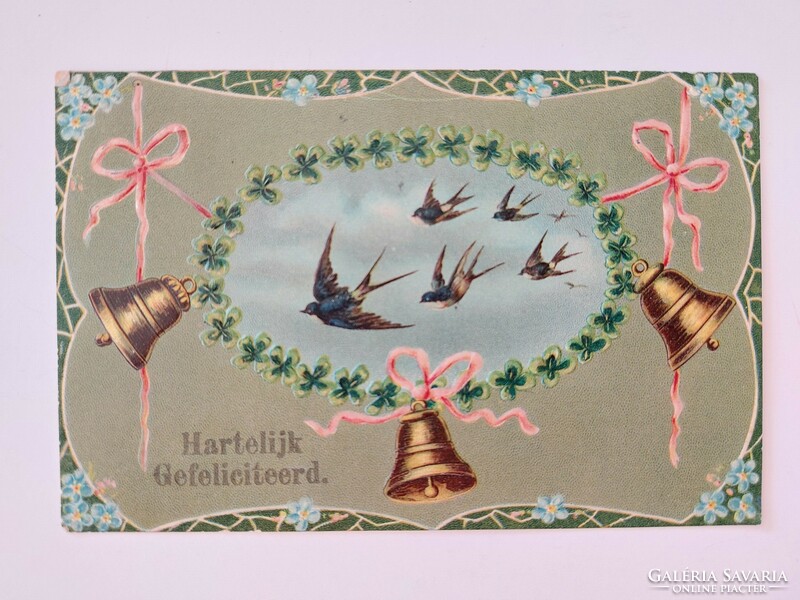 Old postcard embossed postcard swallows clover bell