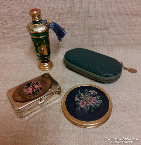 Vintage Toiletry Accessories Scented Glass Tapestry Embellished Powder and Medicine Box Manicure Set