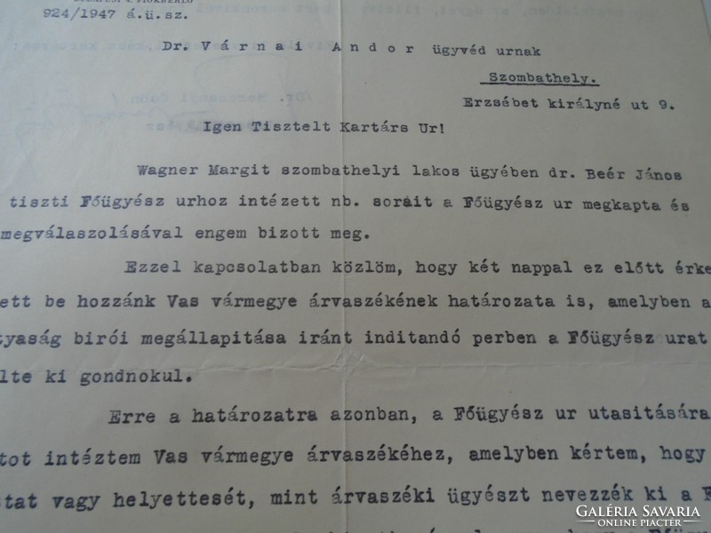 Za470.18 Budapest police prosecutor's office -1947 -dr. Officer prosecutor in Berzsenyi öd - Szombathely in Varna