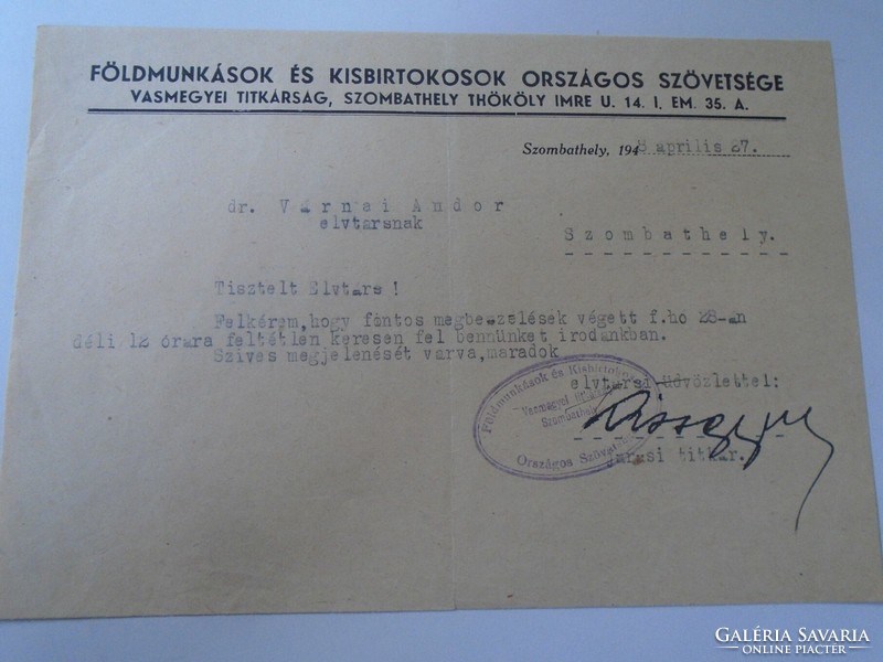 Za470.15 Szombathely - National Federation of Smallholders - Iron County Secretariat 1948 dr. Andor from Varna