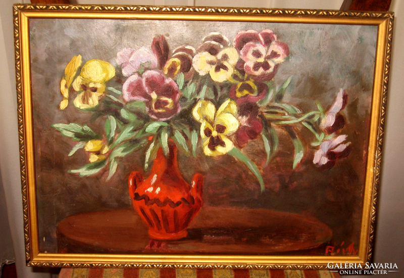 Signed old floral still life: pansies in a vase