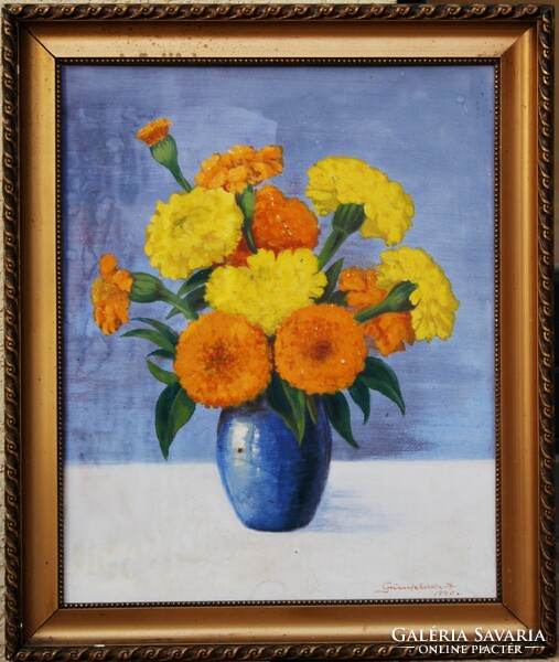 Grünfelder j.: Colorful flowers in a blue vase, 1940 - painting in its original frame