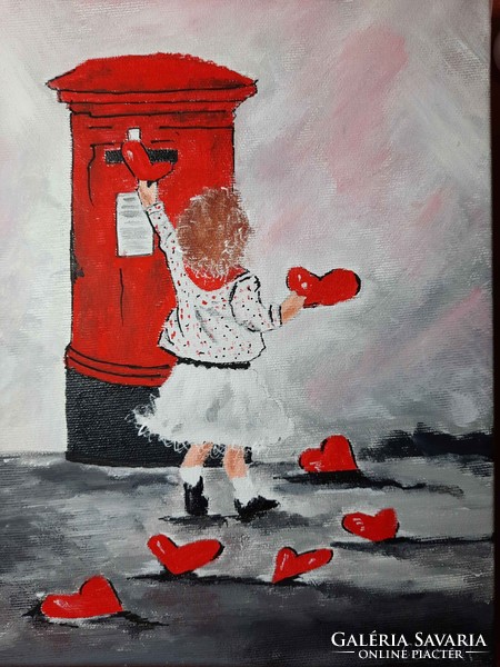 For Valentine's Day or for a child's room, sending love, 25x30 cm stretched canvas acrylic