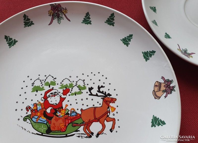 Karácsonyi német porcelán reggeliző szett hiányos csészealj kistányér süteményes részes tányérpár