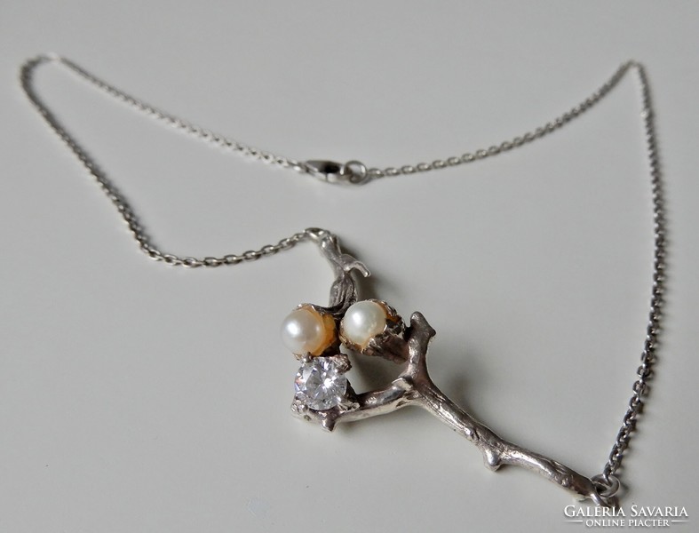 Handmade silver necklace with real pearls and zirconia stone