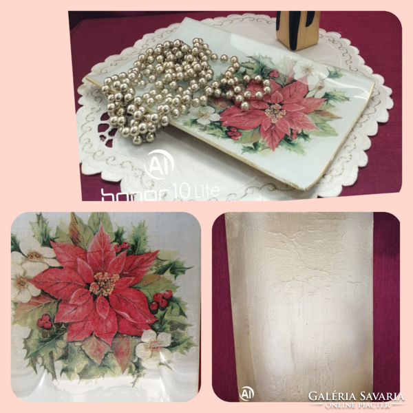 Karácsonyi ékszertartó/ kínáló üvegtál - Mikulás virág díszítéssel