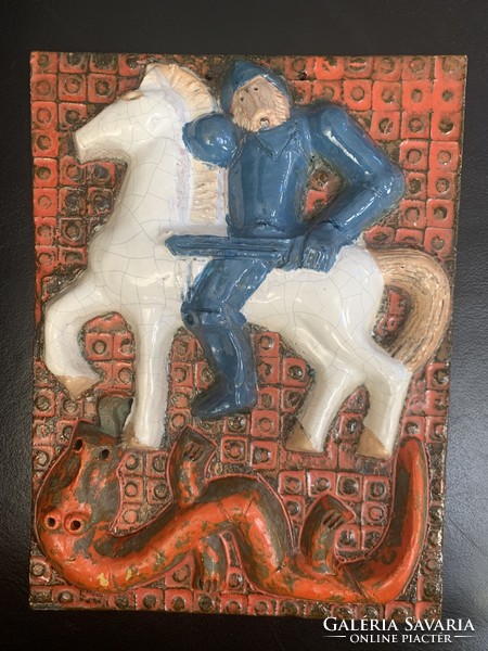 Victorious Lőrincz (1940): Saint George defeats the dragon - ceramic wall picture