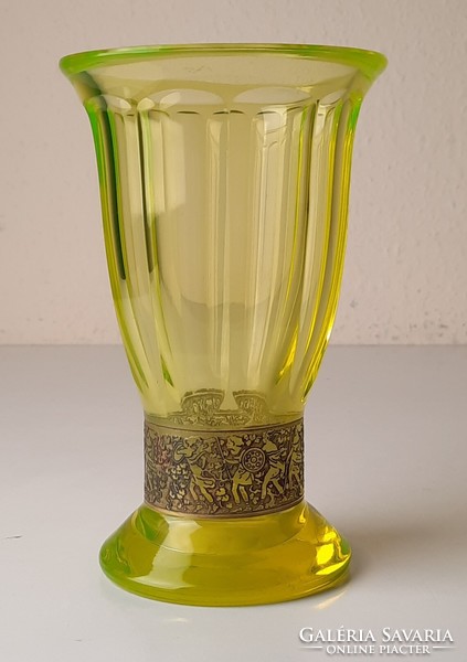 Antique uranium green moser glass vase, decorative glass, marked, flawless
