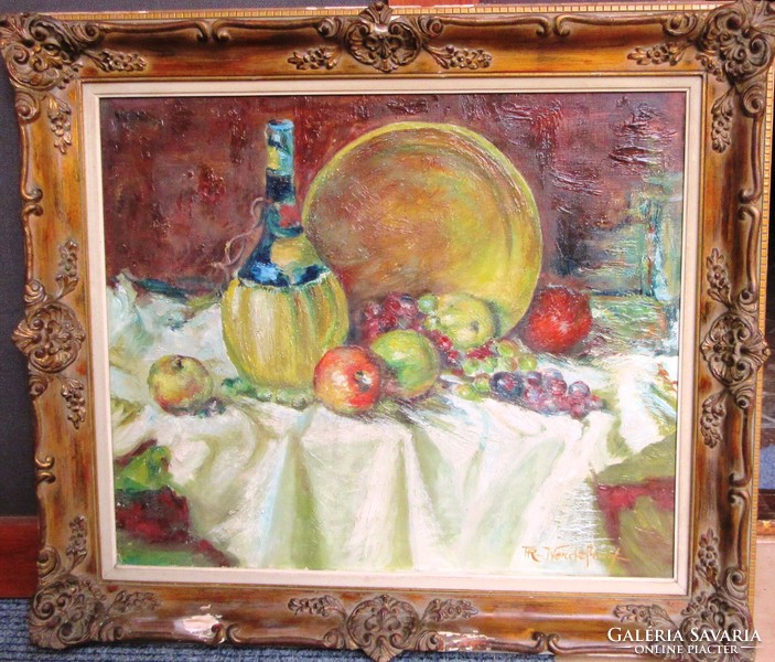 Tabletop still life oil painting, canvas, defective frame, labeled, 75 x 65 cm, 50 x 60 cm