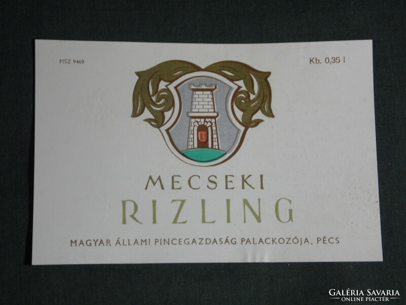 Wine label, Pécs Mecsekvidék winery, wine farm, Mecsek Riesling wine