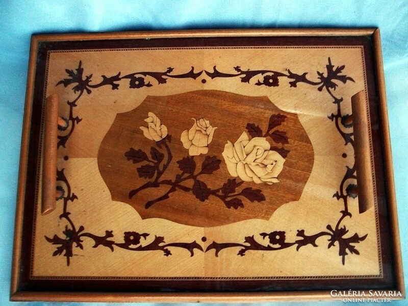 Wooden tray with an old intarsia pattern