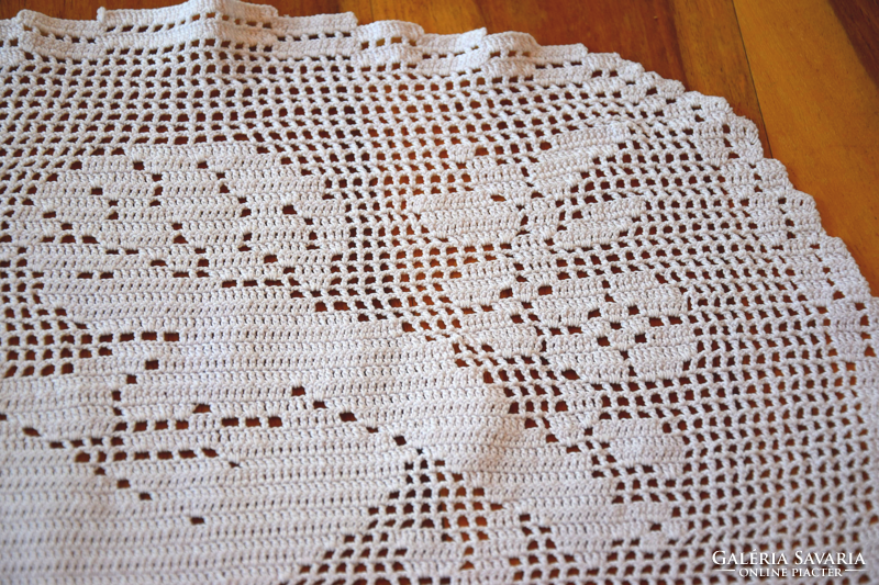 Antique hand crocheted net fillet tablecloth rare angel putto pattern needlework oval 39 x 32