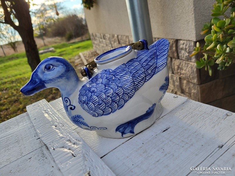 Vintage Thai porcelain hand painted duck teapot with brass handle