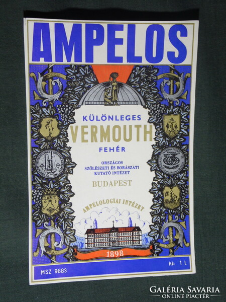 Wine vermouth label, Budapest research institute wine farm, Ampelos vermouth