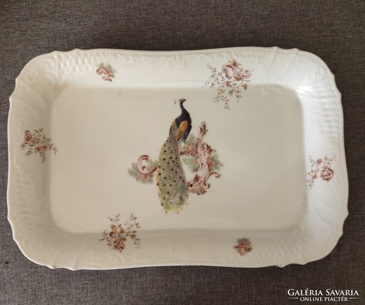 Protected porcelain tray with peacock pattern, offering
