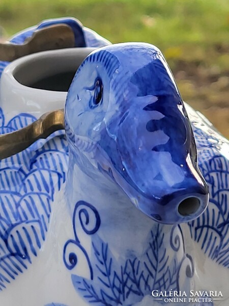 Vintage Thai porcelain hand painted duck teapot with brass handle