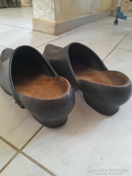 Old unique handmade, carved wooden sole, men's slippers with cowhide upper part, size 43-44.