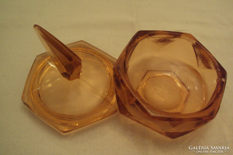 Honey-colored, rectangular shaped, molded glass bonbonnier, with designer tongs.