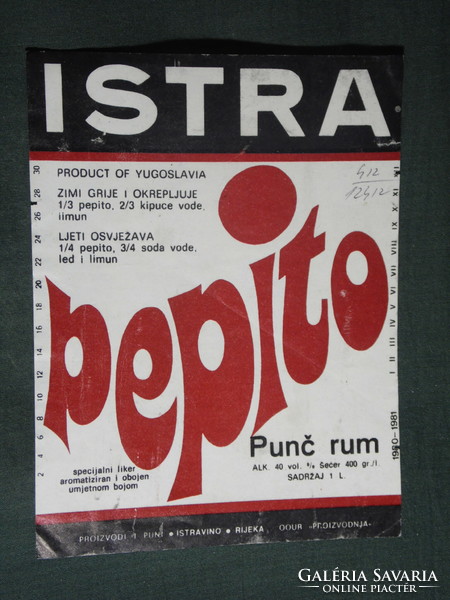 Rum label, Yugoslavia, Istra, pepito rum punch