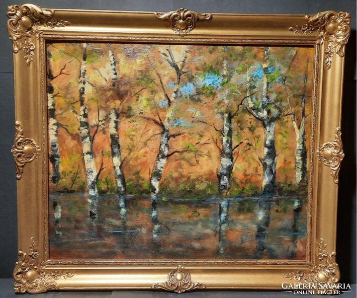Waterside trees in a nice frame, oil painting - landscape