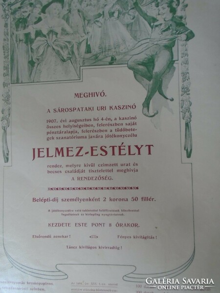 ZA323B9 Kner Izidor GYOMA Békés -1907 Meghívó MINTA  katalógusból -Nagyenyed-Sárospatak Úri Kaszinó