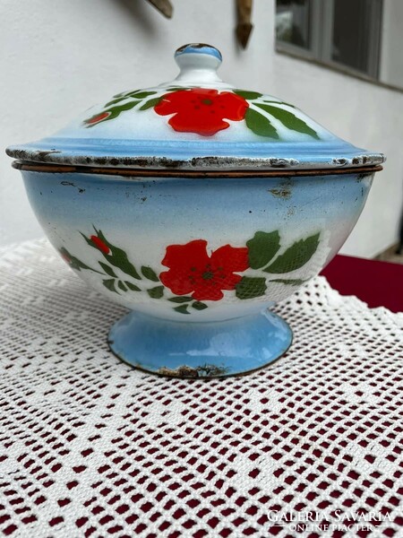 Rare made in Hungary enameled flower bowl with lid