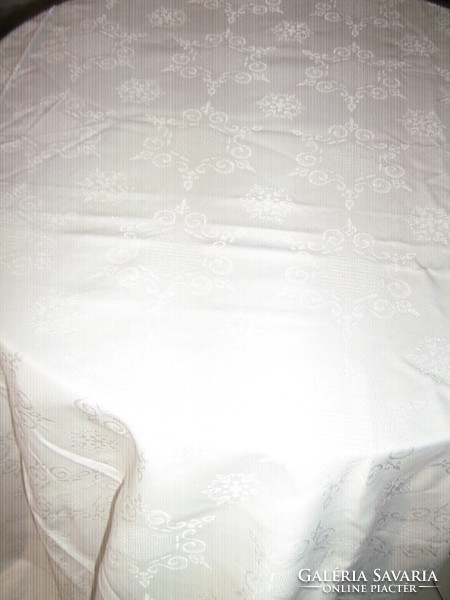 Beautiful and elegant white lace-edged huge silk damask tablecloth
