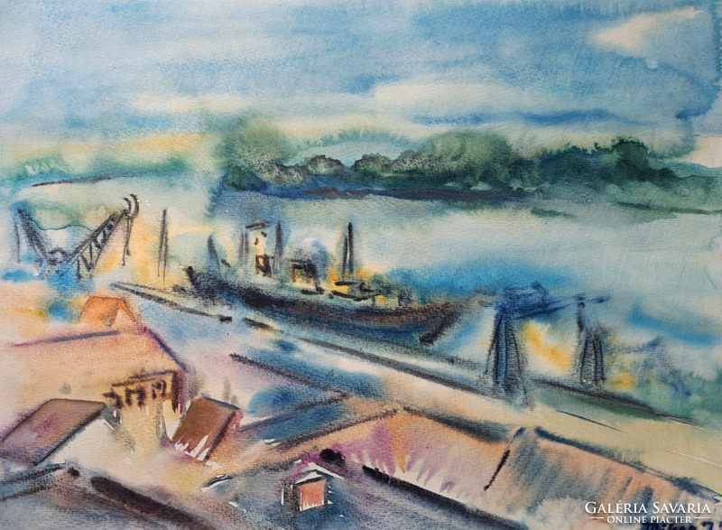 József István Mikes (1936-1983): harbor (watercolor) Vác painter