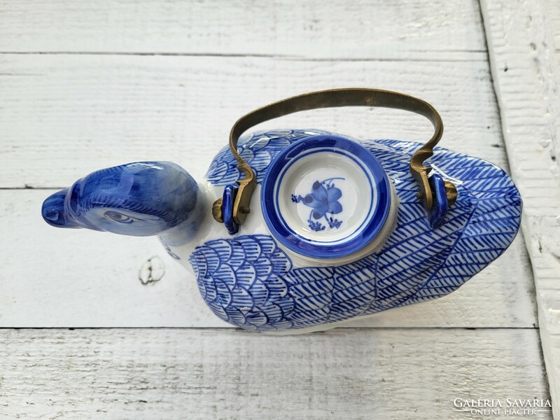 Vintage Thai porcelain hand painted duck teapot with brass handle