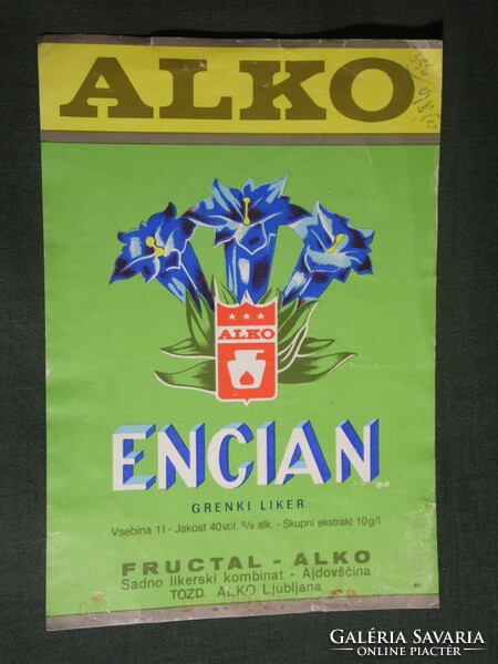 Liqueur vermouth label, Yugoslavia, Slovenia, Alco encian bitter liqueur