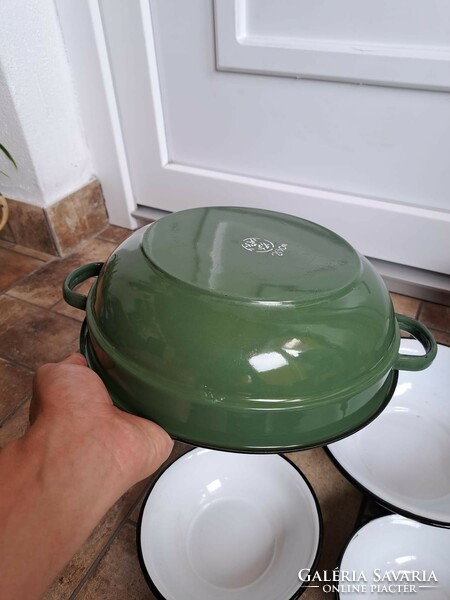 Beautiful green enamelware bowl footed pot pouring enamel pot mug heirloom village peasant