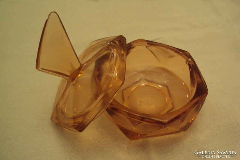 Honey-colored, rectangular shaped, molded glass bonbonnier, with designer tongs.