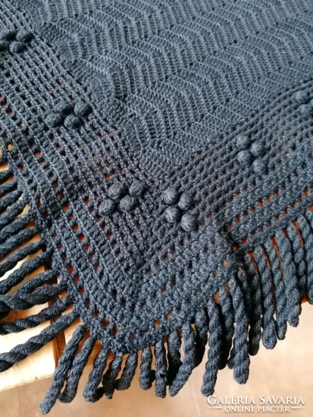 Antique old Berlin folk shawl shoulder scarf folk costume wear thick black 180 plus fringe