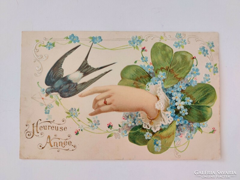 Old New Year postcard embossed postcard swallow clover