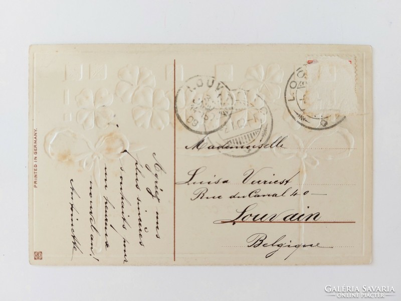 Régi újévi 1909 képeslap dombornyomott szecessziós levelezőlap lóhere