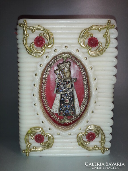 Antique wax nun's work in convent work box with relief Mary with baby appliqué