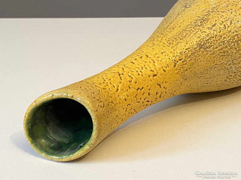 Yellow retro shrink glazed ceramic vase with ear decoration on both sides, 33 cm