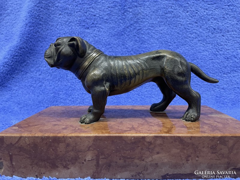 Antik, bronz bulldog, boxer márvány talapzaton, részletgazdag kialakításban
