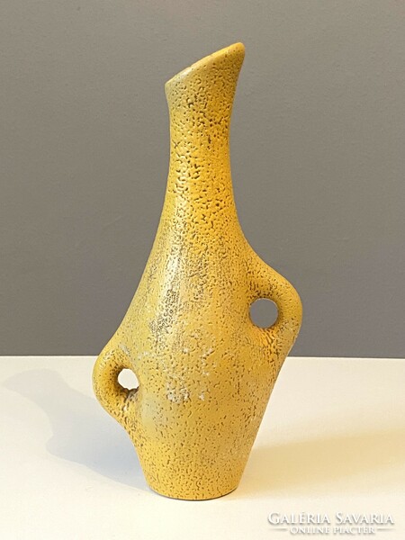 Yellow retro shrink glazed ceramic vase with ear decoration on both sides, 33 cm