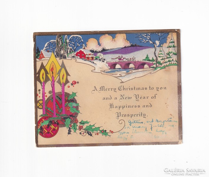 K:155 Christmas antique greeting card (stained)