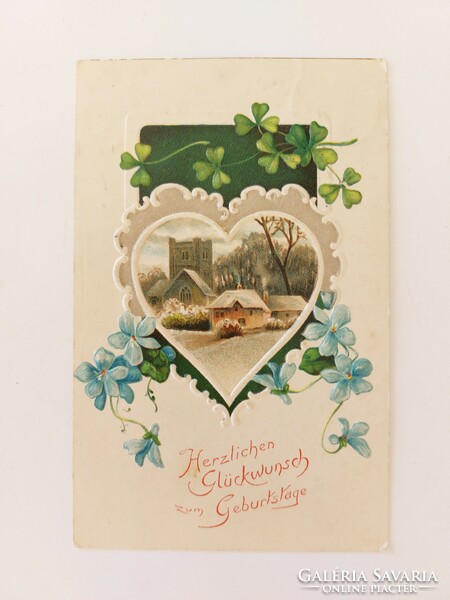 Old postcard 1911 embossed postcard heart violet clover