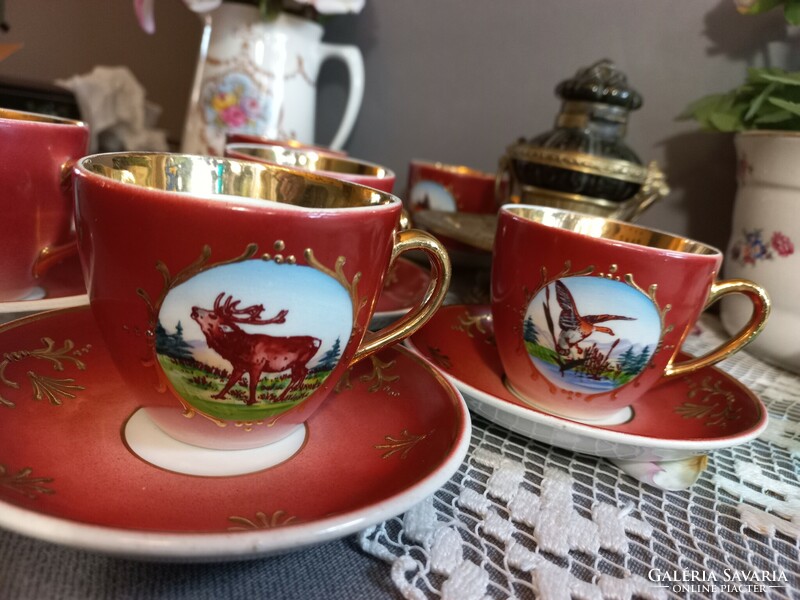 Antique, forest animal, ditmar urbach, coffee set, 6 cups and saucers, hunter